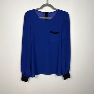 Naked Zebra Royal Blue Long Sleeve Semi Sheer Buttoned Back Blouse Top Size M